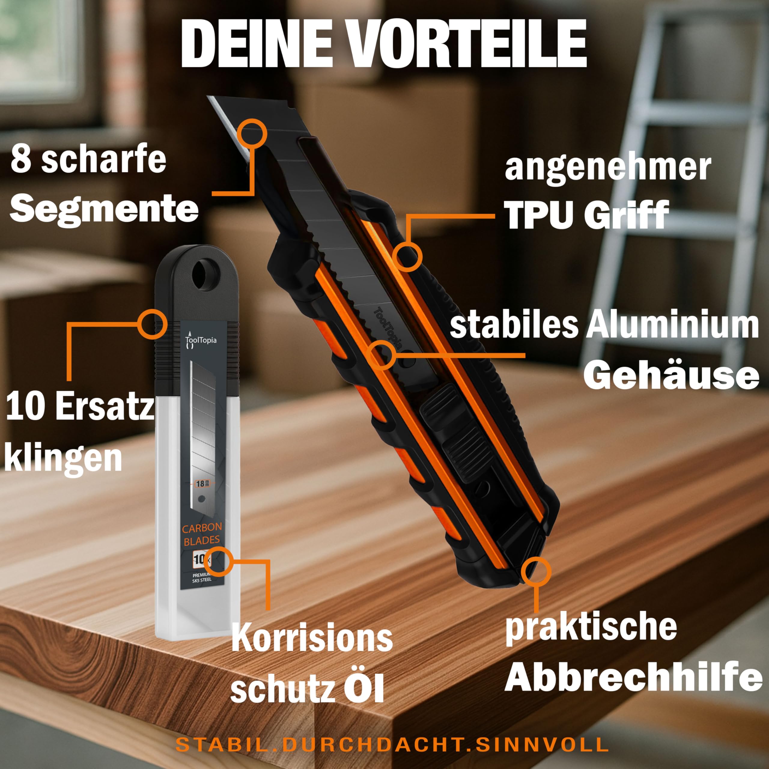 3x Profi Cuttermesser Set – Robuste Cutter Messer & Teppichmesser mit 10 SK5 Cuttermesser Klingen I Vielseitiges Handwerkzeug & Präzisions Utility Knife für Handwerker & Heimwerker ToolTopia 4