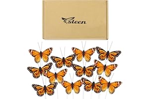 Ysleen 12 Set Halloween Monarch Butterfly Decoration Artificial Butterflies Feather Picks with Wire for Crafts Fake Floral Flower Party Supplies Day of The Dead Decor(4 x 3 Inch,Orange Color)