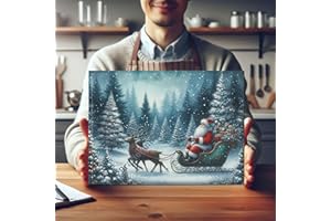 Christmas Santa Clause Sled and Reindeer Cutting Board, Tempered Glass, Housewarming Gift, 15" x 11" (Large)