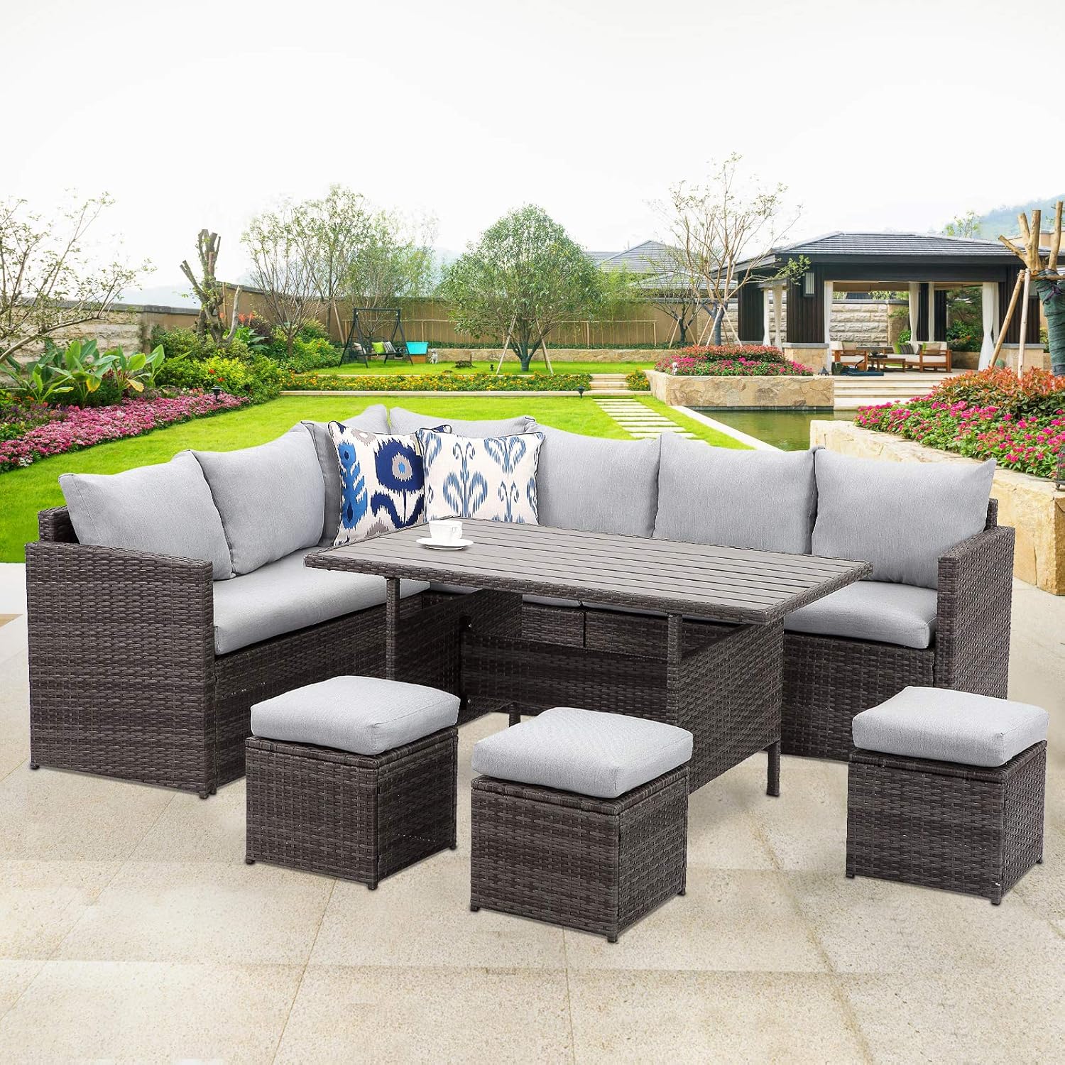 Wisteria Lane Patio Furniture Set,7 Piece Outdoor Dining Sectional Sofa Couch with Dining Table and Chair, All Weather Deck Wicker Conversation Set with Cushion, Grey: Garden & Outdoor