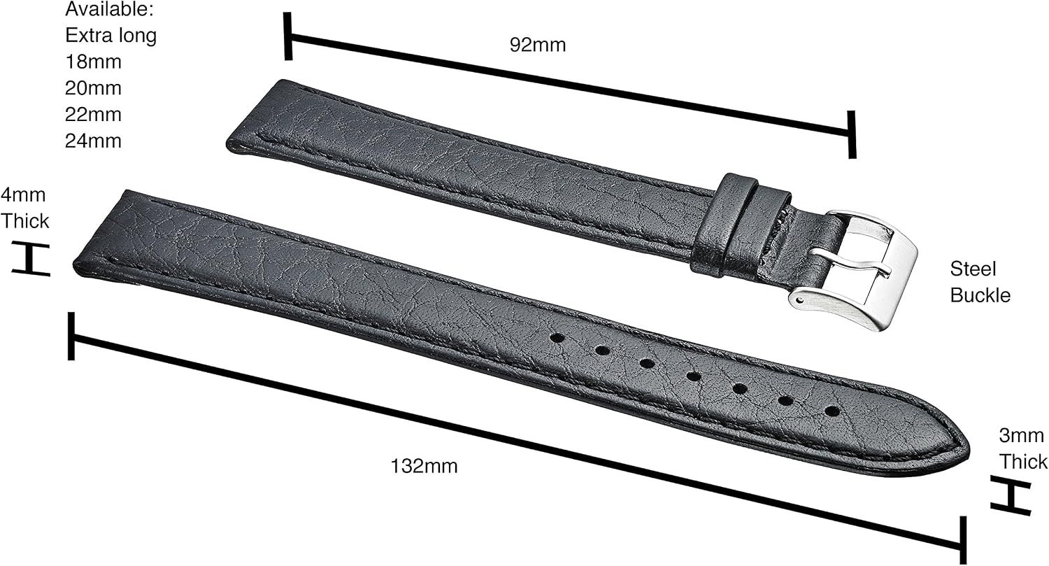 ALPINE INTERNATIONAL Soft Stitched Semi Padded Genuine Leather Buffalo Grain Watch Strap in Extra Long length for Wider Wrists ONLY- Black - Image 3