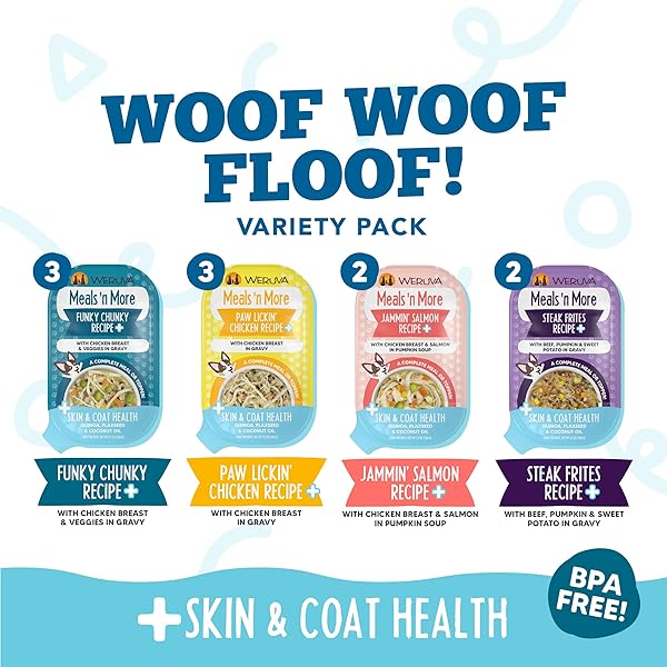 WERUVA MEALS ‘N MORE NATURAL WET DOG FOOD, WOOF WOOF FLOOF! SKIN & COAT HEALTH VARIETY PACK, 3.5OZ CUP (PACK OF 10)