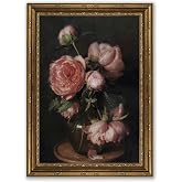Gold Framed Vintage Dark Pink Peony Wall Art, Moody Floral Canvas Artwork | Retro Flower Painting Picture Wall Decor, Still Life Poster Print for Living Room, Bedroom Home Decoration 11x9In
