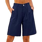 luvamia Bermuda Shorts for Women High Waisted Linen Dressy Casual Pleated Wide Leg Summer Shorts with Elastic Waist