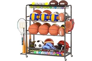 Jsskeeim Garage Sports Equipment Storage Rack,Wheeled Sports Ball Storage Box,Double-Tier Double-Row Basketball Hoop Holds 16+ Balls,Ball Rack with Baseball Bat Holder and Hooks-Black