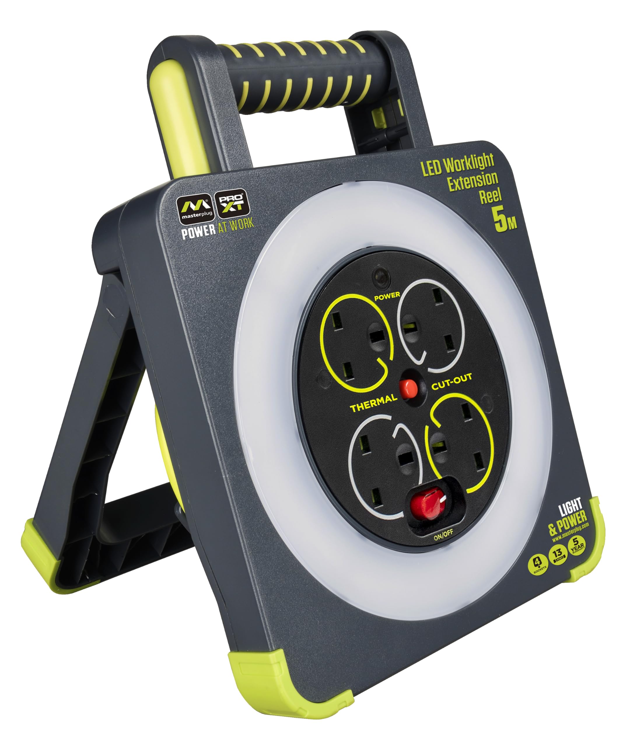 Masterplug WLU05134SL-PX Pro-XT Four Socket LED Work Light Extension Reel with Fold Out Stand, Thermal Cut Out and Power Switch, 5 metre High Visibility Cable, 13 Amp, Grey, 28.35 cm*9.1 cm*22.0 cm