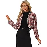 Allegra K Tweed Plaid Jacket for Women's Dressy Casual Button Decor Open Front Christmas Vintage Cropped Blazer