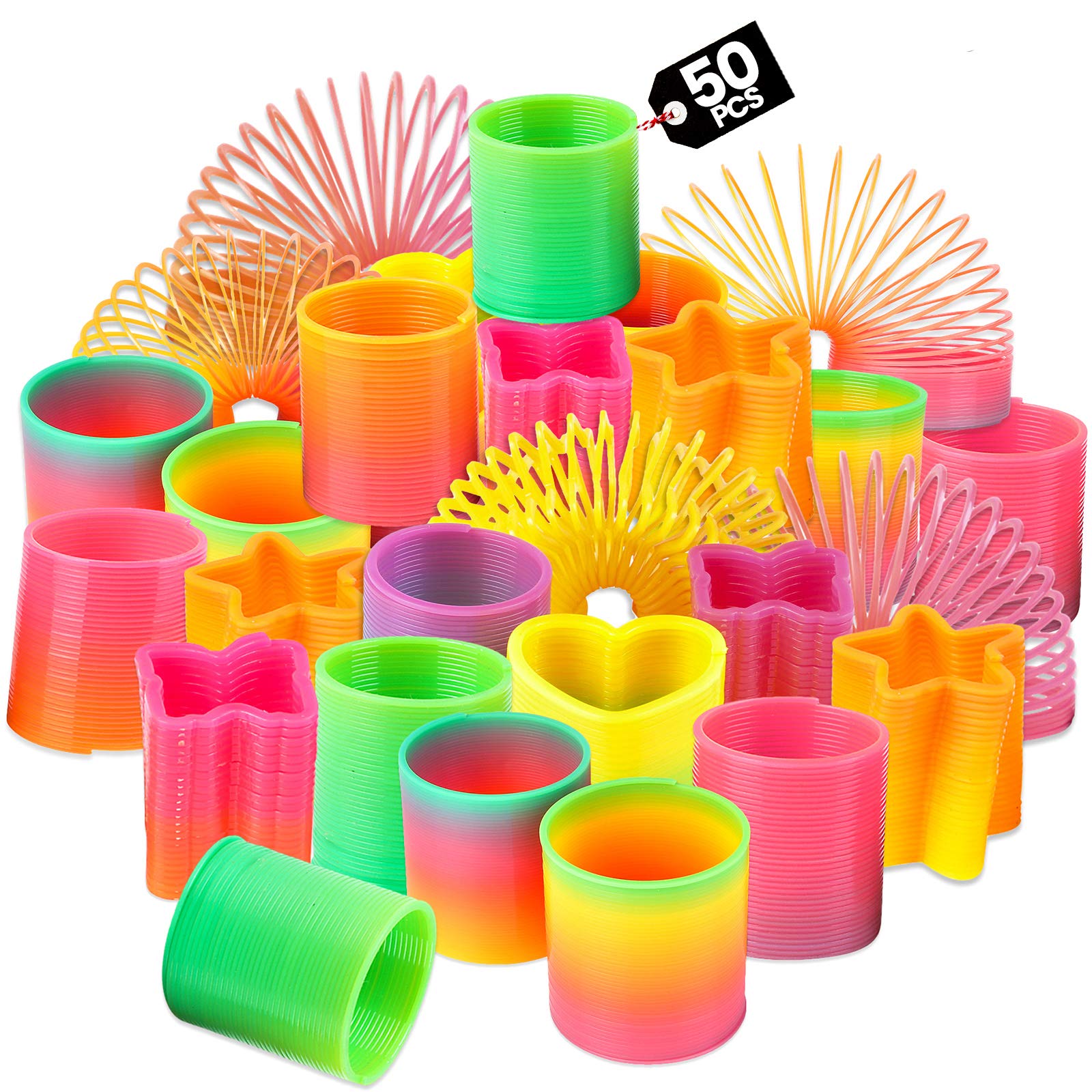 Bedwina Rainbow Spring Toy Assortment - (Pack of 50) Plastic Mini Spring Toy | Bright Colours and Shapes, Bag Fillers for Kids Party Prizes and Stocking Fillers for Kids