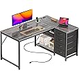 PRAISUN 43.3" Small Computer Desk with Power Outlets and USB-C Port, Reversible L Shaped Corner Office Desk with 4 Fabric Drawers and 2 Height-Adjustable Shelves, for Gaming Writing, Grey