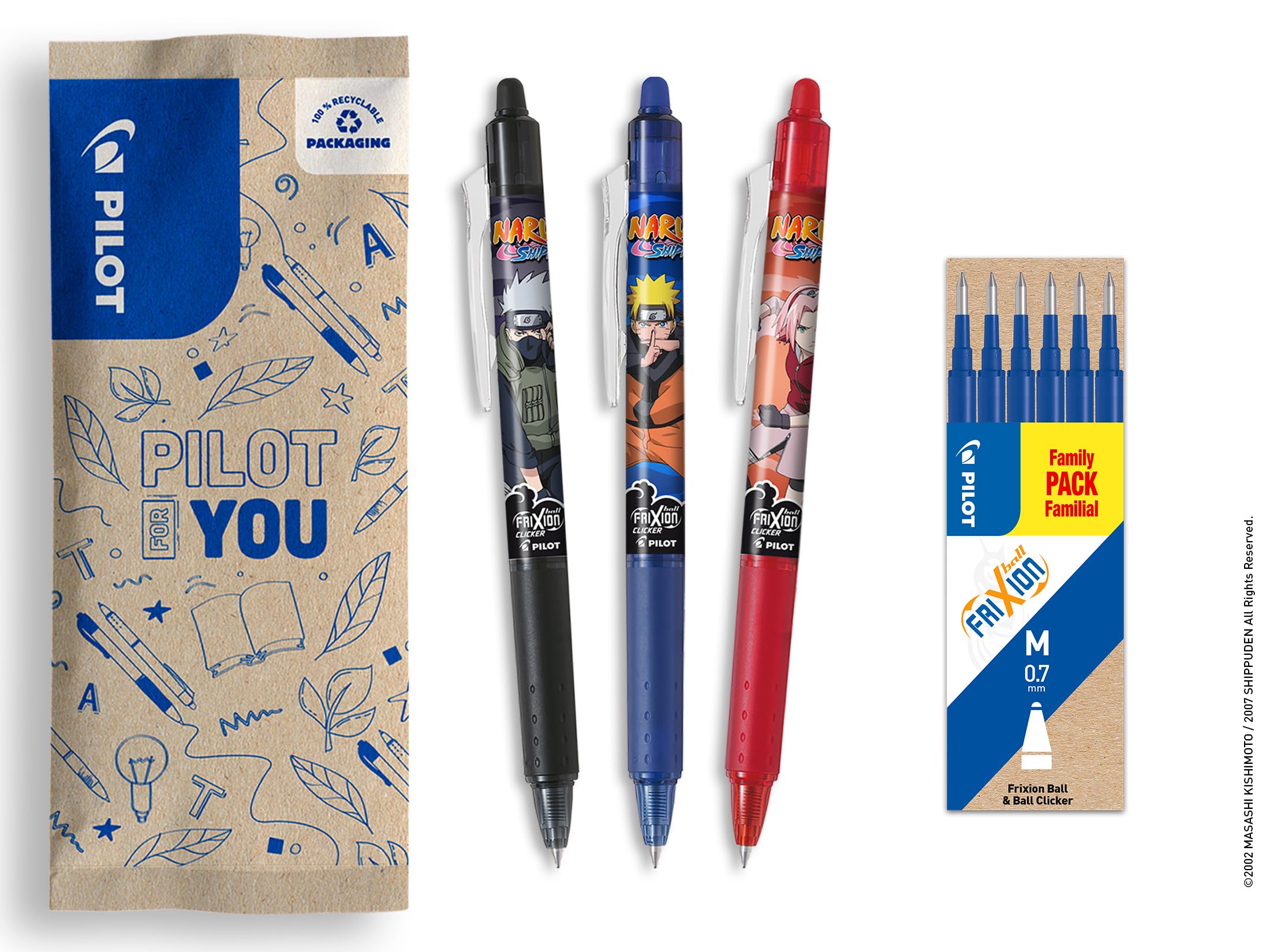 PILOT x NARUTO – 3 pcs FriXion Ball Clicker, Black, Blue, Red + 1 Set of 6 Blue Refills – Erasable Ballpoint Pen – Naruto Shipudden Limited Edition – Retractable Roller Pens – Medium Point