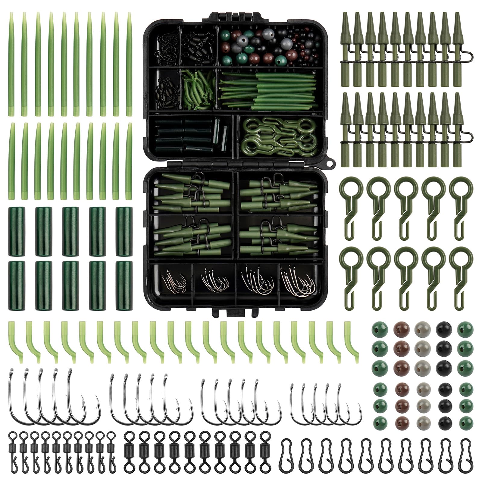 160pcs Carp Fishing Tackle Box Kit Carp Terminal Tackle Accessories Including Quick Change Swivels Carp Hooks Beads Rig Tubes Leader-Clips Anti-tangle Sleeves Baits Carp Fishing