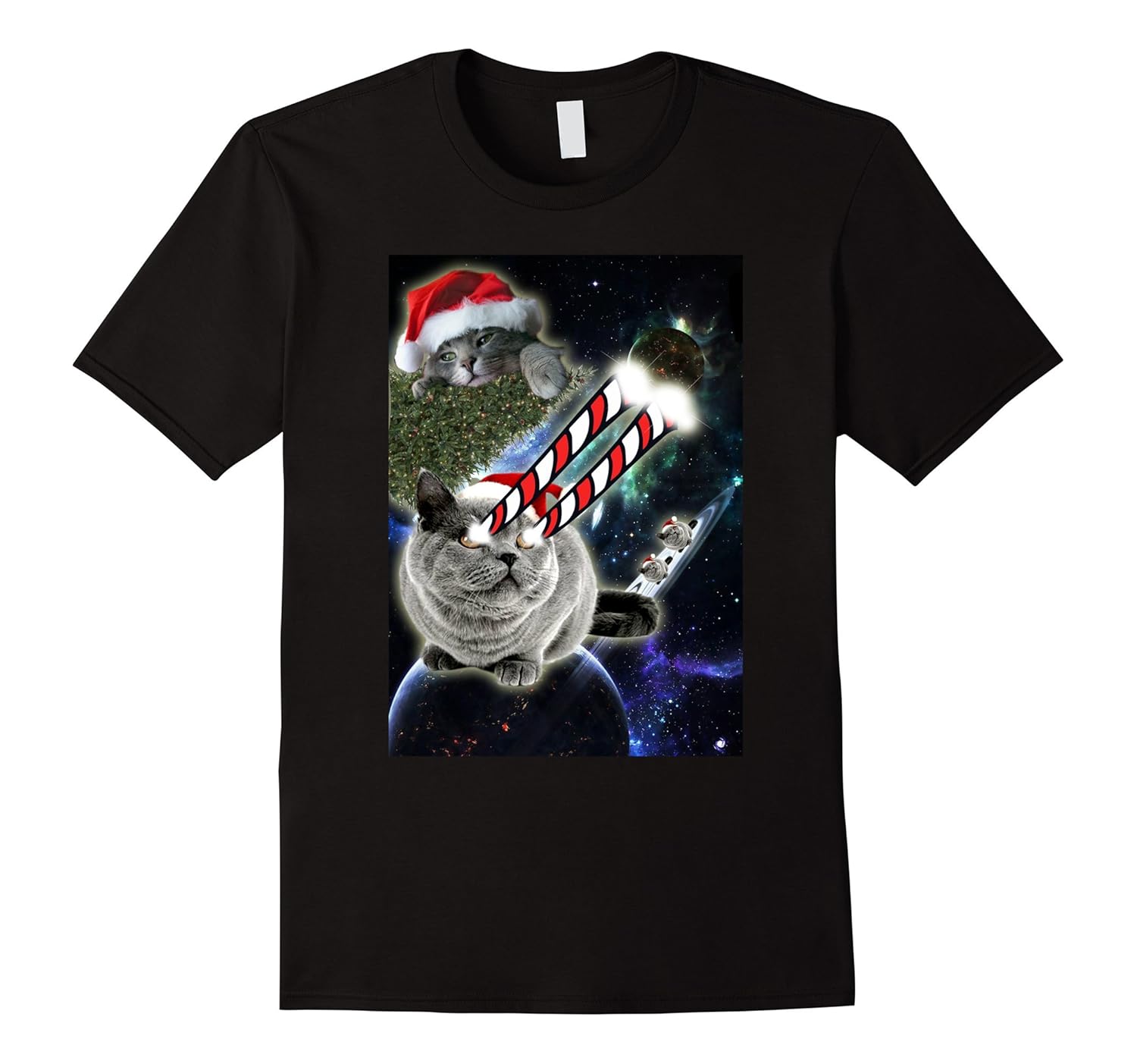 Crazy Space Cat Christmas Tree Laser Beams Xmas T-Shirt-ANZ