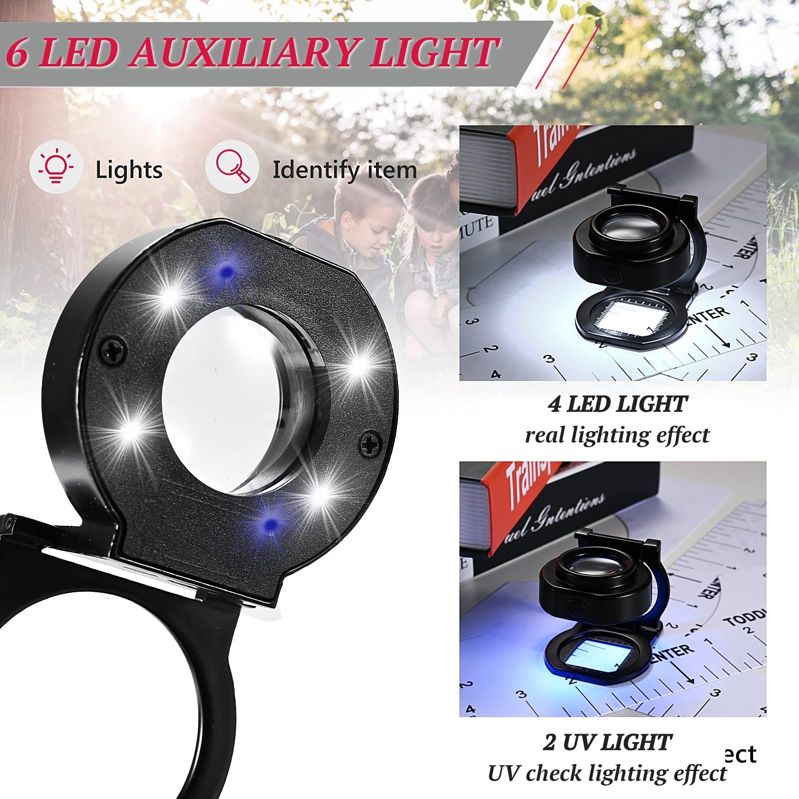 25X Loupe Magnifier with 6 Light, USB Rechargeable Three-Folding Desktop Portable Metal Eye Loupe Scale Sewing Magnifing Glass for Textile Optical Jewelry Tool Coins Currency