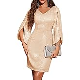 Dressystar Sequin Dress for Women 2026 Sparkly Formal V Neck Long Slit Sleeves Glitter Bodycon Cocktail Party Prom Dresses