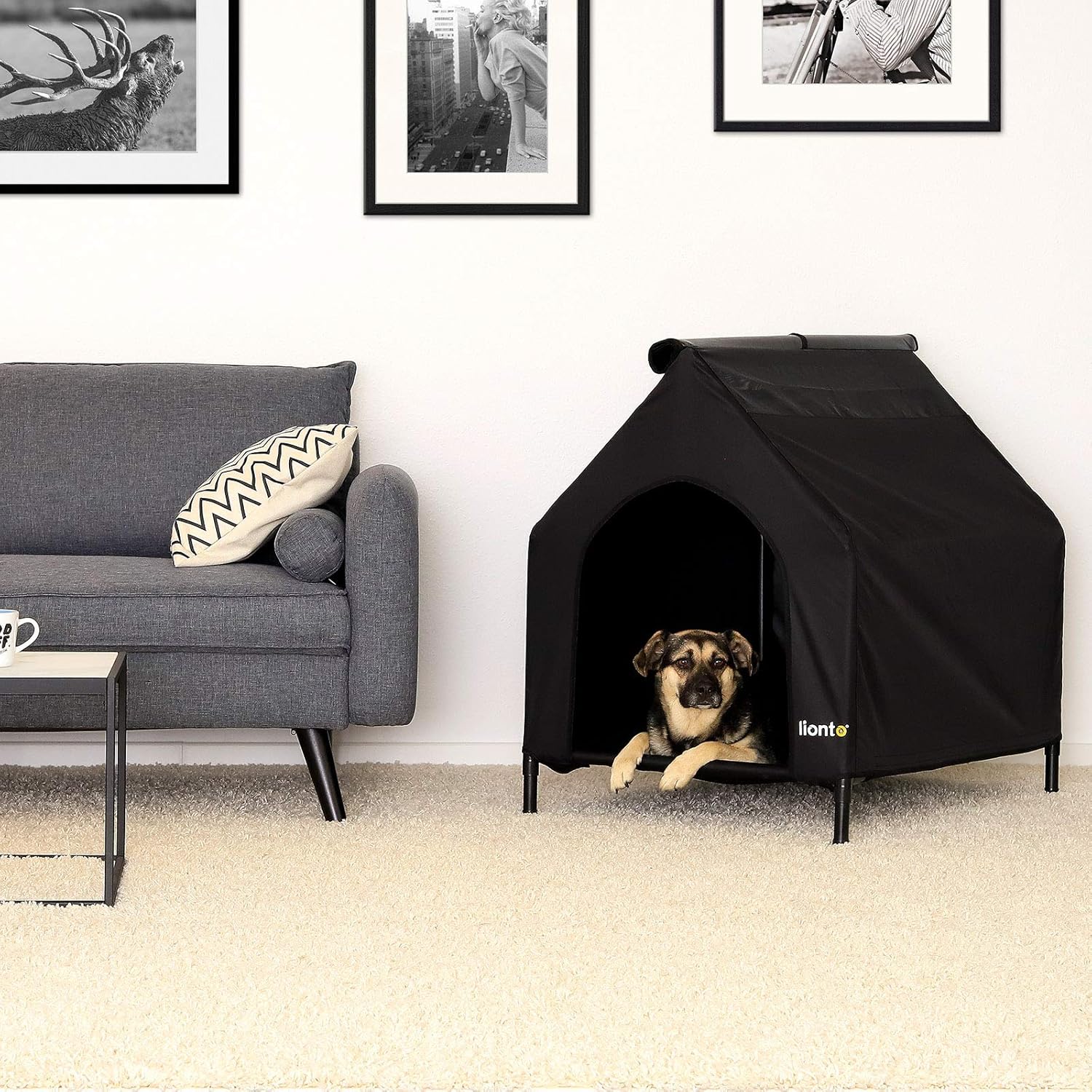 lionto Covered dog bed raised dog cabin dog bed with roof Black (S) 90