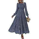 dowerme Maxi Dresses for Women 2026 Long Sleeve Floral Smocked A Line Polka Dot Flowy Boho Vacation Dress Spring Clothes