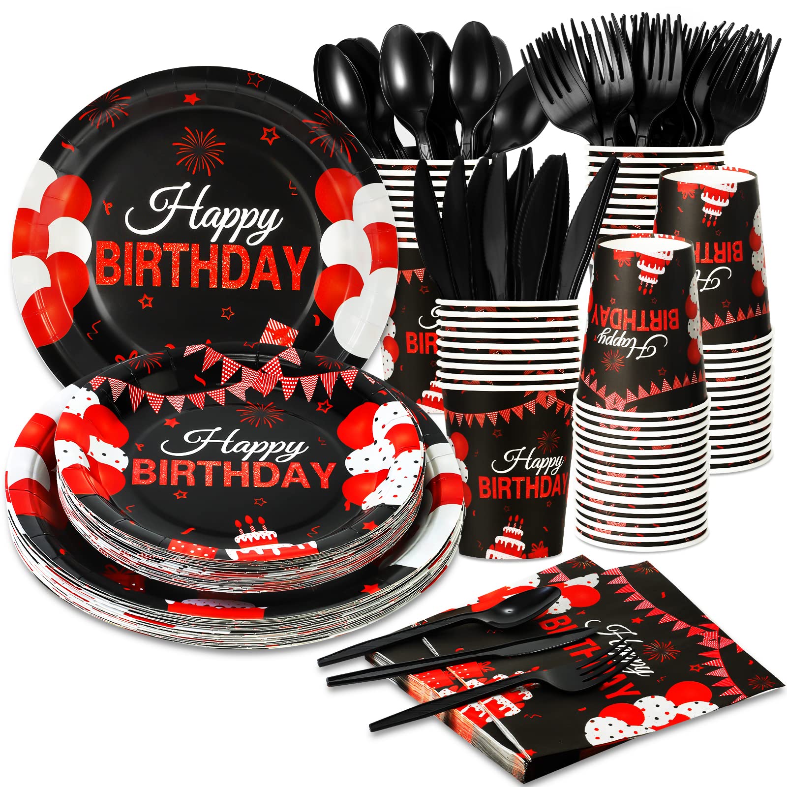 Photo 1 of 168 Pcs Black and Red Birthday Party Supplies Tableware Set Happy Birthday Plates, Knife,Forks,Spoons, Cups and Napkins Table Decorations for Women Girls Birthday Party Decorations, 24 Guests