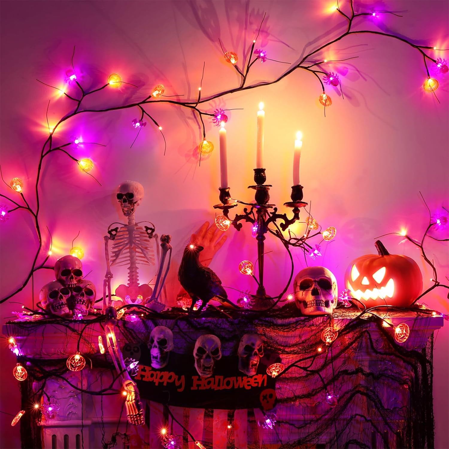 Wreaths, Garlands & Swags - Toodour Halloween Decoration Indoor, 7Ft Orange & Purple Halloween Willow Vine Lights with Spider, Bat, Pumpkin, Waterproof Battery Operated Halloween Lights for Window Table Wall Decor