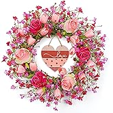 LLZLL Valentines Day Wreaths for Front Door 22 Inch Valentines Wreath Artificial Valentine's Day Wreath with Red Pink Roses Tulips and Heart-Shaped Wooden Plaque for Valentine's Wedding Anniversary