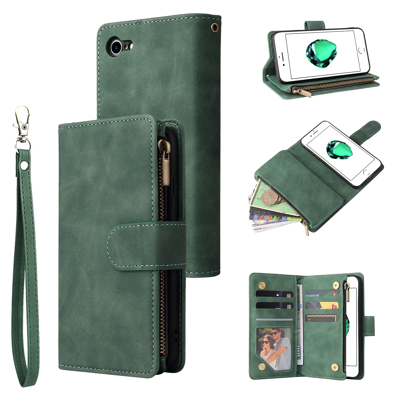 UEEBAI Wallet Case for iPhone 7/8/SE 2022 5G/SE 2020, Premium PU Leather Magnetic Handbag Zipper Case Kickstand Card Slots Wrist Strap Flip Cover for iPhone SE3/SE2 - Dark Green — image 1