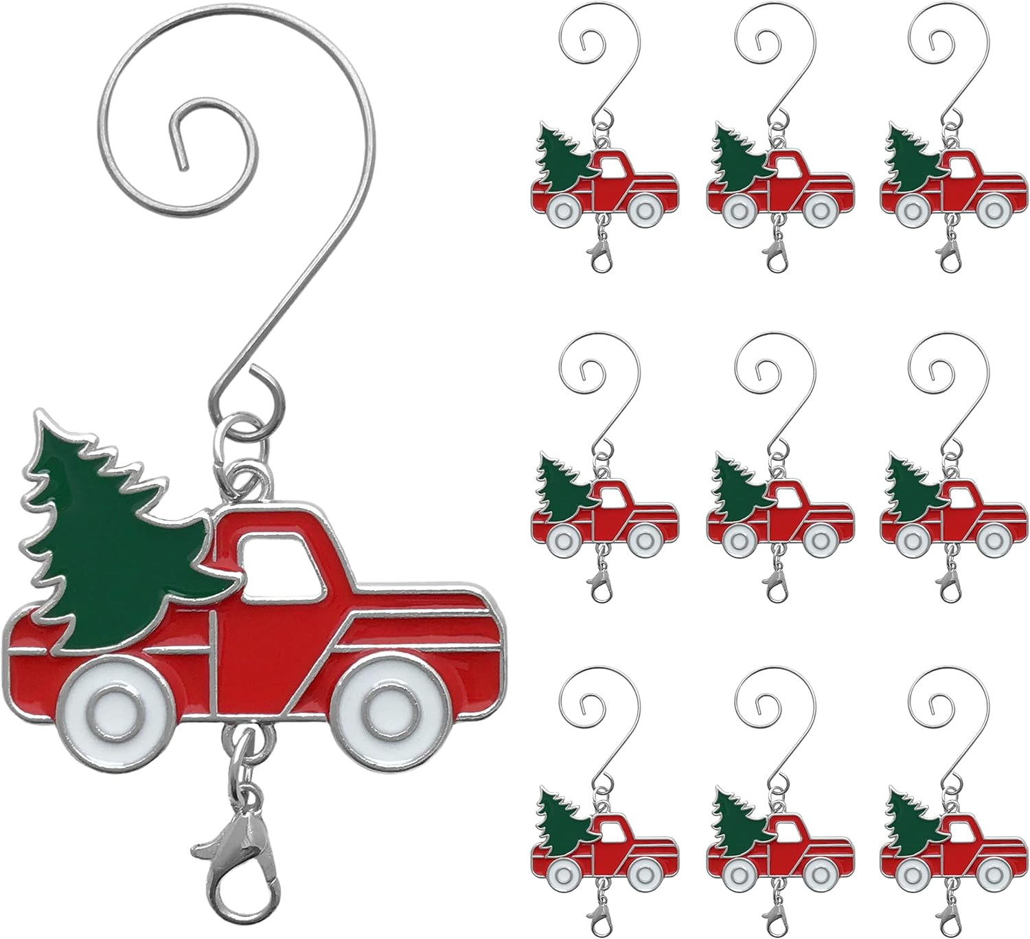 Ornament Hooks - BANBERRY DESIGNS Red Truck Christmas Ornament Hook and Lobster Claw - Set of 10 - Enameled Red Truck with Green Tree & White Wheels - Accent for Hanging Ornaments