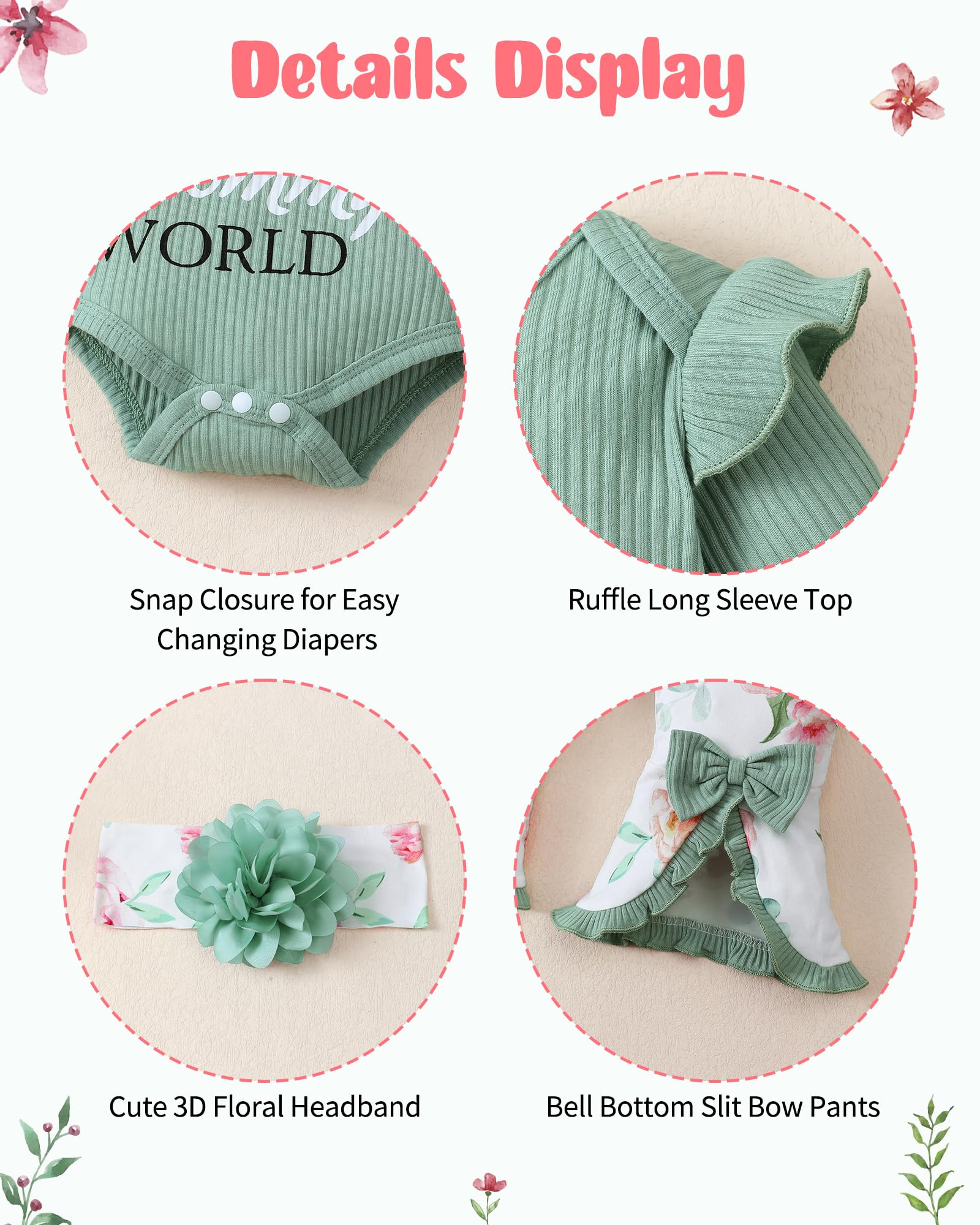 SUNNY PIGGY Newborn Baby Girl Clothes Infant Outfits Romper Floral Fall Outfit Bell Bottoms Pant Sets Hat Headband Flowerpant