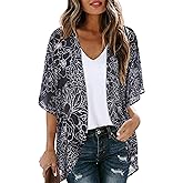 Women's Floral Cardigan Coverups Bohemian Kimono Loose Cover Up Tops Beach Swimsuit Puff Sleeve Blouse Female Chiffon Summer