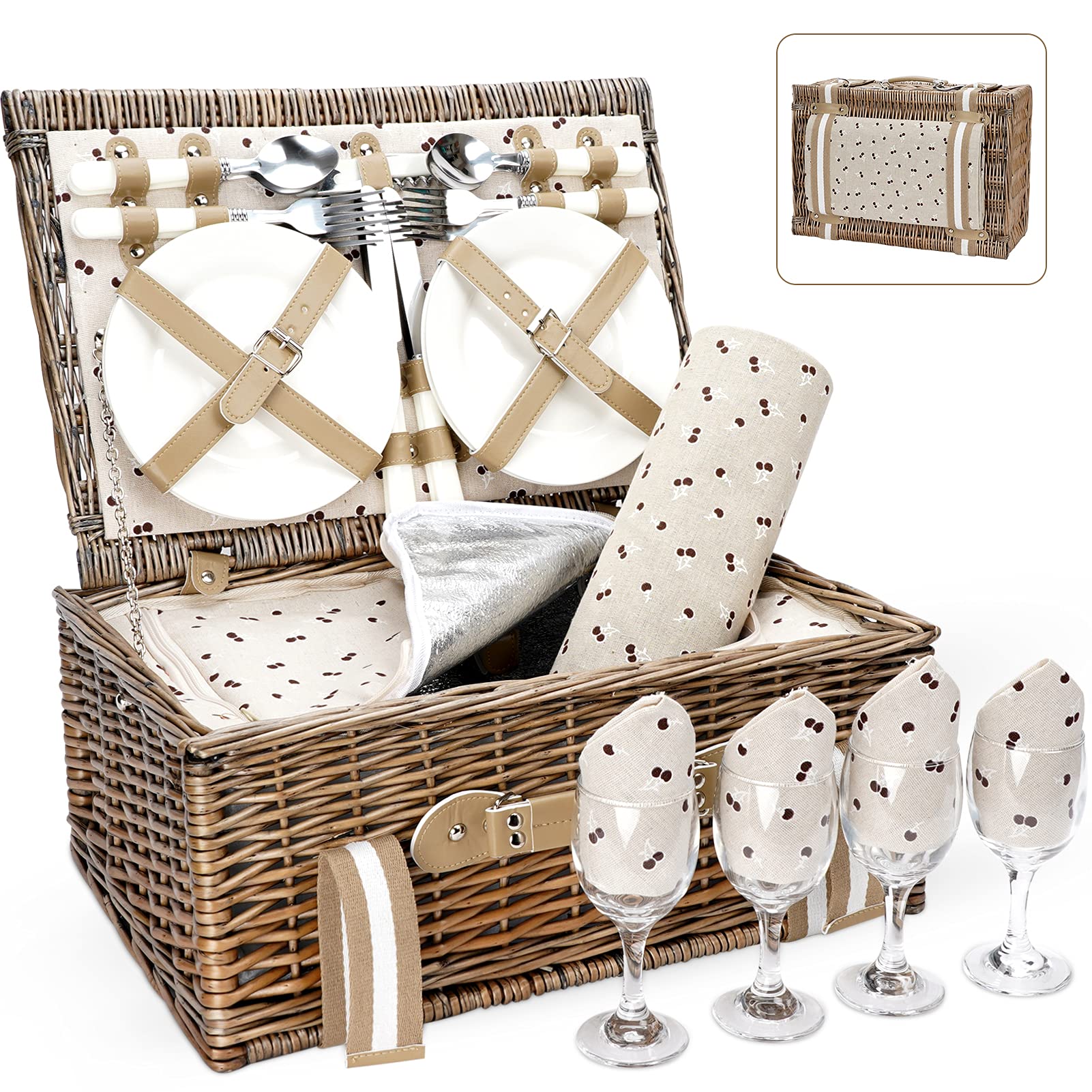 Photo 1 of Willow Picnic Basket Set for 4 Persons with Large Insulated Cooler Bag and Waterproof Picnic Blanket,Wicker Picnic Hamper for Camping,Outdoor,Valentine Day,Chirtmas,Thanks Giving,Birthday.