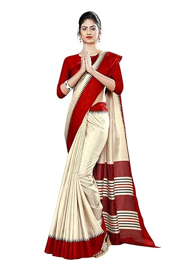Uniform Sarees Corp Womens Gala Border Polycotton CotFeel School Uniform Saree With Blouse (Beige;Red)