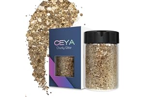 Ceya Chunky Glitter, 4.9oz/ 140g Luxury Gold Craft Glitter Powder Mixed Fine Flakes Iridescent Nail Sequins for Nail Art, Hair, Epoxy Resin, Tumblers, Slime, Painting, Festival Decor