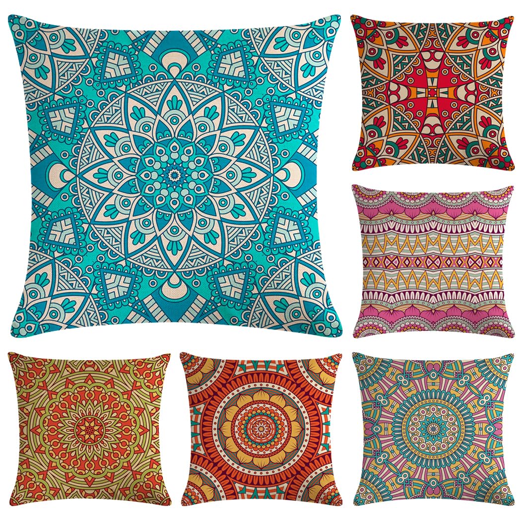 Hodeacc 6 Pcs Modern Bohemian Mandala Cushion Covers 45 x 45cm, Bohemian Throw Pillow Cases Hippie Pillowcases for Sofa Couch Bed Chair,18 x 18 Inch,CASE ONLY
