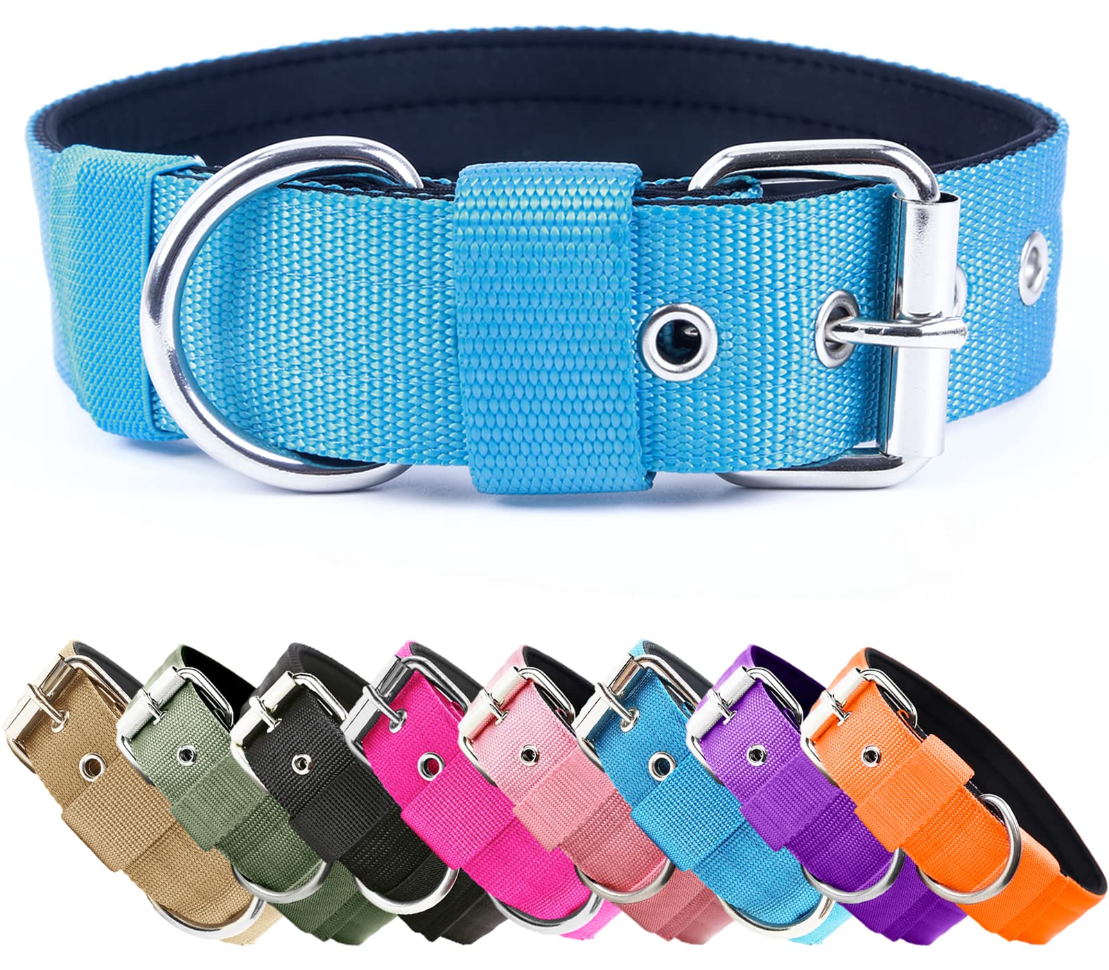 Heavy Duty Tactical Dog Collar - 1.5" Width Military Durable Thick Nylon with Adjustable Metal Buckle Working Training K9 Collar for Small Medium Large Dogs Light Blue XL