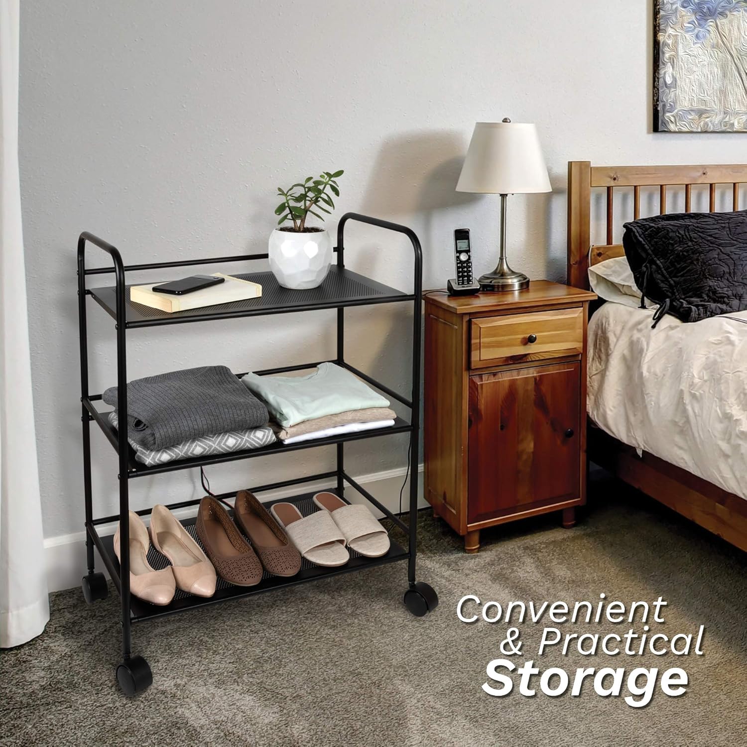 Richards Homewares Rolling Cart Black Shelves with Wheels with Heavy Duty Metal Frame - Supports 30 lbs per Tier - Utility Storage Cart Organizer with 3 Shelves: Home Improvement