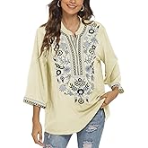 Traditional Mexican Embroidered Peasant Tops for Women, Plus Size Vintage Floral Tunic Shirts, Flowers Embroidery Blouses