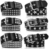 moheaaei 6 Pcs Black Studded Belt, Studded Rivet Belt for Women Men, Metal Punk Rock Rivet Belts Y2K Gothic Belts with Bright Pyramid Studs, Ideal Gift (6 Styles, 49 Inch)