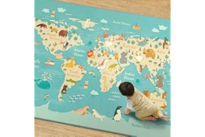 HAZO HAUS Washable Kids Playroom Rug – 5x7 Play Rug for Preschool Toddlers, Baby Girls, Educational with Cute Animals – Non-Slip, Stain Resistant, Soft & Safe for Bedroom, Play Room and Classroom - Blue