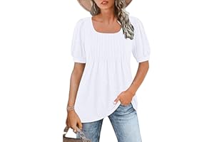 WNEEDU Womens Summer Shirts Plus Size Tops Puff Short Sleeve Square Neck Tunic Top Dressy Pleated Blouse 2026
