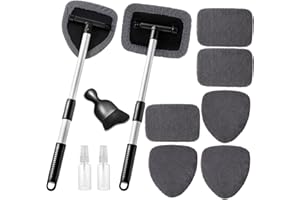 Qydipclin 11pcs Windshield Cleaner Tool, Car Window Cleaning Wash Kit with 6 Reusable Microfiber Pads 2 Spray Bottles and Extendable Handles Auto Glass Wiper Kit, Gray