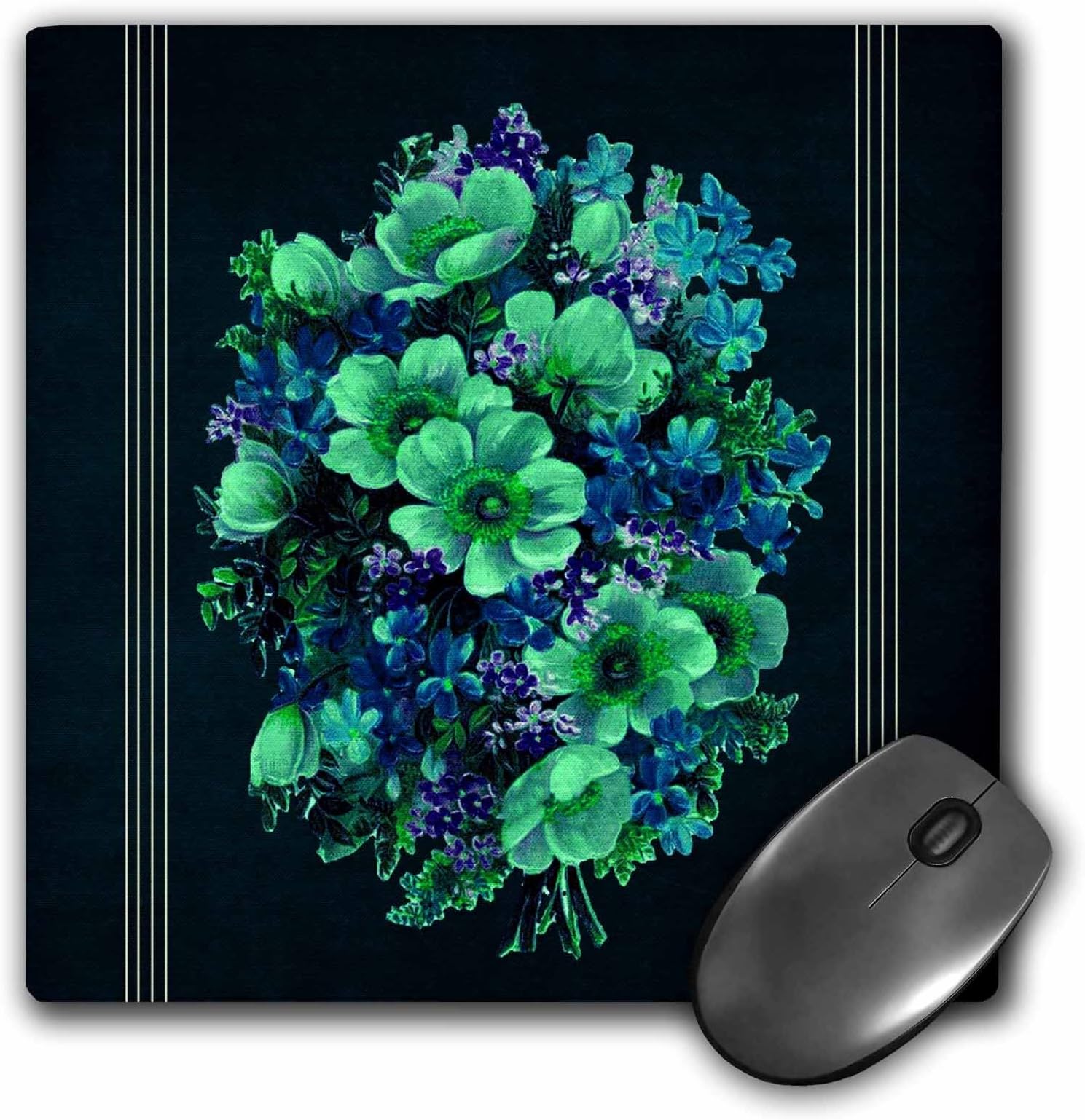 Jaclinart Nature Garden Floral Assorted Flower Bouquet - Assorted bouquet of green and blue flowers with dark blue textured background and white line accents - MousePad (mp_53945_1)