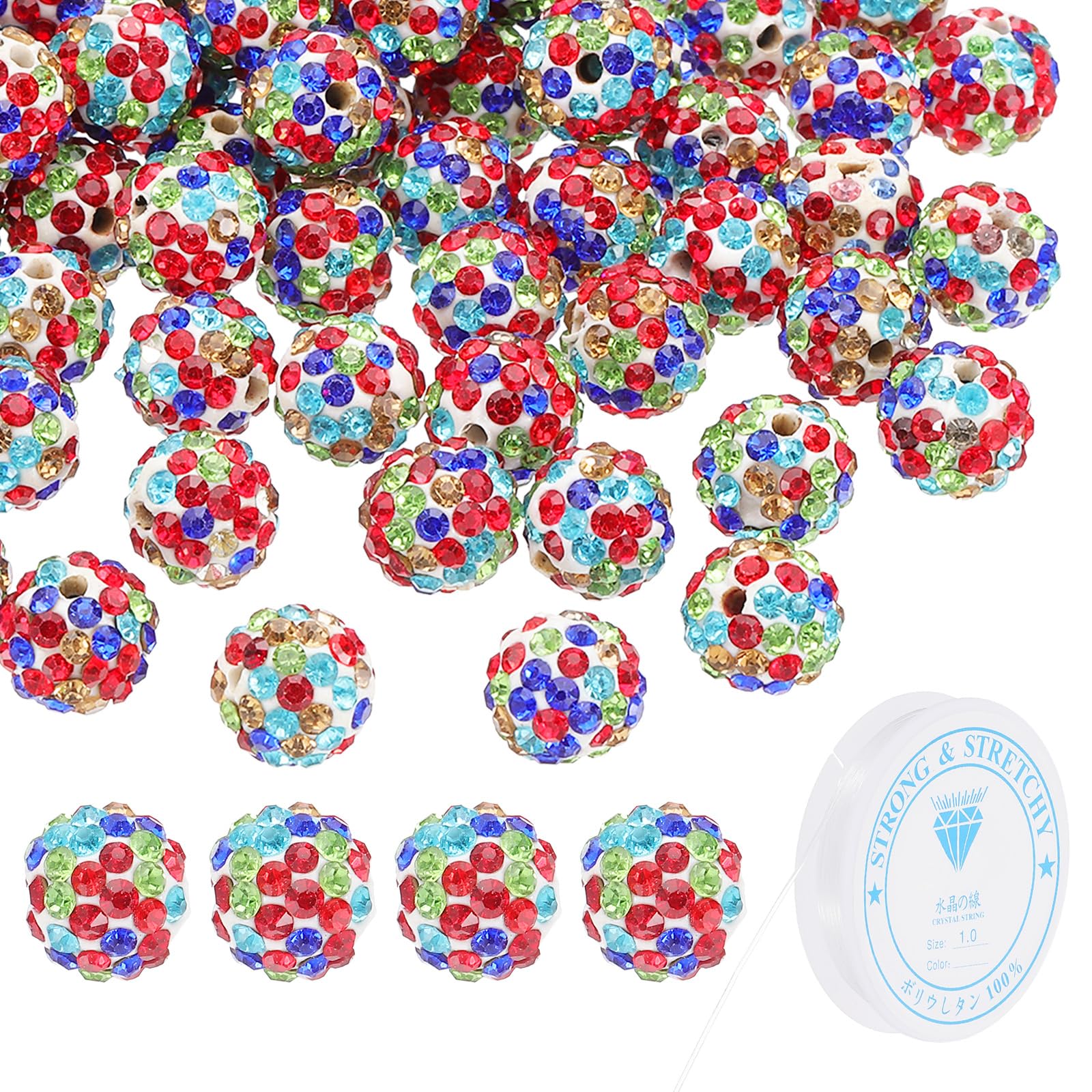 PATIKIL 10mm Rhinestone Clay Beads for Jewelry Making, 120 Pack Round Ball Polymer Clay Crystal Charm Beads with Elastic String for Craft Decor Necklace Chain Bracelets DIY, Multicolor