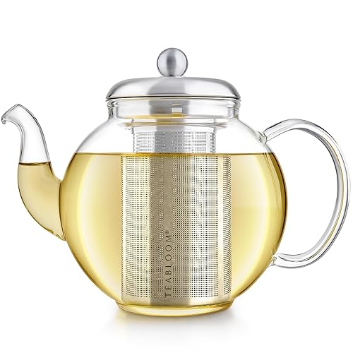 Teabloom Heritage Borosilicate Glass Teapot – 40 oz Classic Round Design with Stainless Steel Infuser – Stovetop Safe, Drip-Free Spout, Durable Heat-Resistant Tea Kettle for Loose Leaf or Teabags
