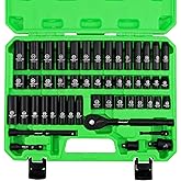 SWANLAKE 3/8'' Drive Impact Socket Set, 50-Piece Standard SAE (5/16 to 3/4 inch) and Metric (8-22mm) Size, 6 Point, Cr-V, 3/8-Inch Ratchet Handle, Extension Bar, Universal Joint