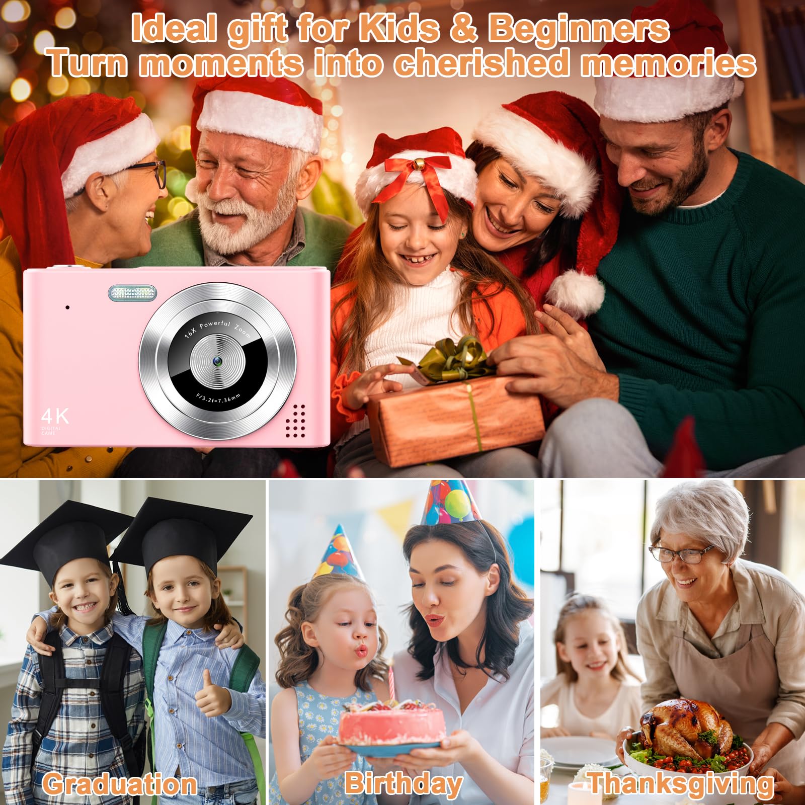 Digital Camera, Camera for Kids, UHD 4K 48MP Point and Shoot Digital Cameras with 64GB SD Card and 16X Digital Zoom Anti Shake, Compact Portable Small Gift for Boys Girls Students, Pink