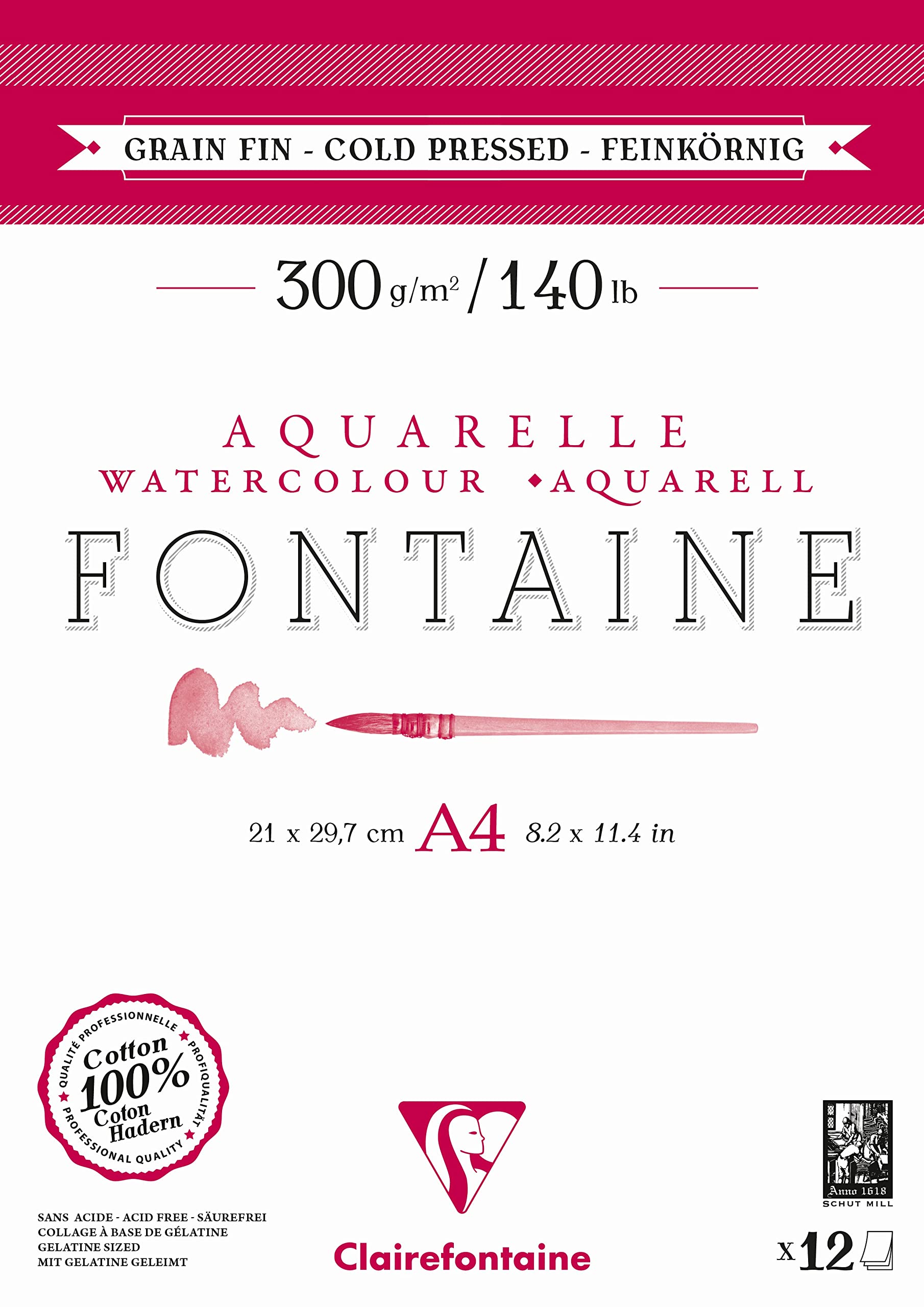 Clairefontaine 975947C - Fontaine 2-sided glued pad - 12 sheets of 100% cotton white watercolour paper, fine grain, professional quality, A4, 21x29.7 cm, 300g