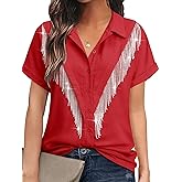 MYMORE Women's Western Cowgirl Rhinestone Fringe Button Down Shirt Rolled Cuffed Short Sleeve Shirt Country Concert Outfit