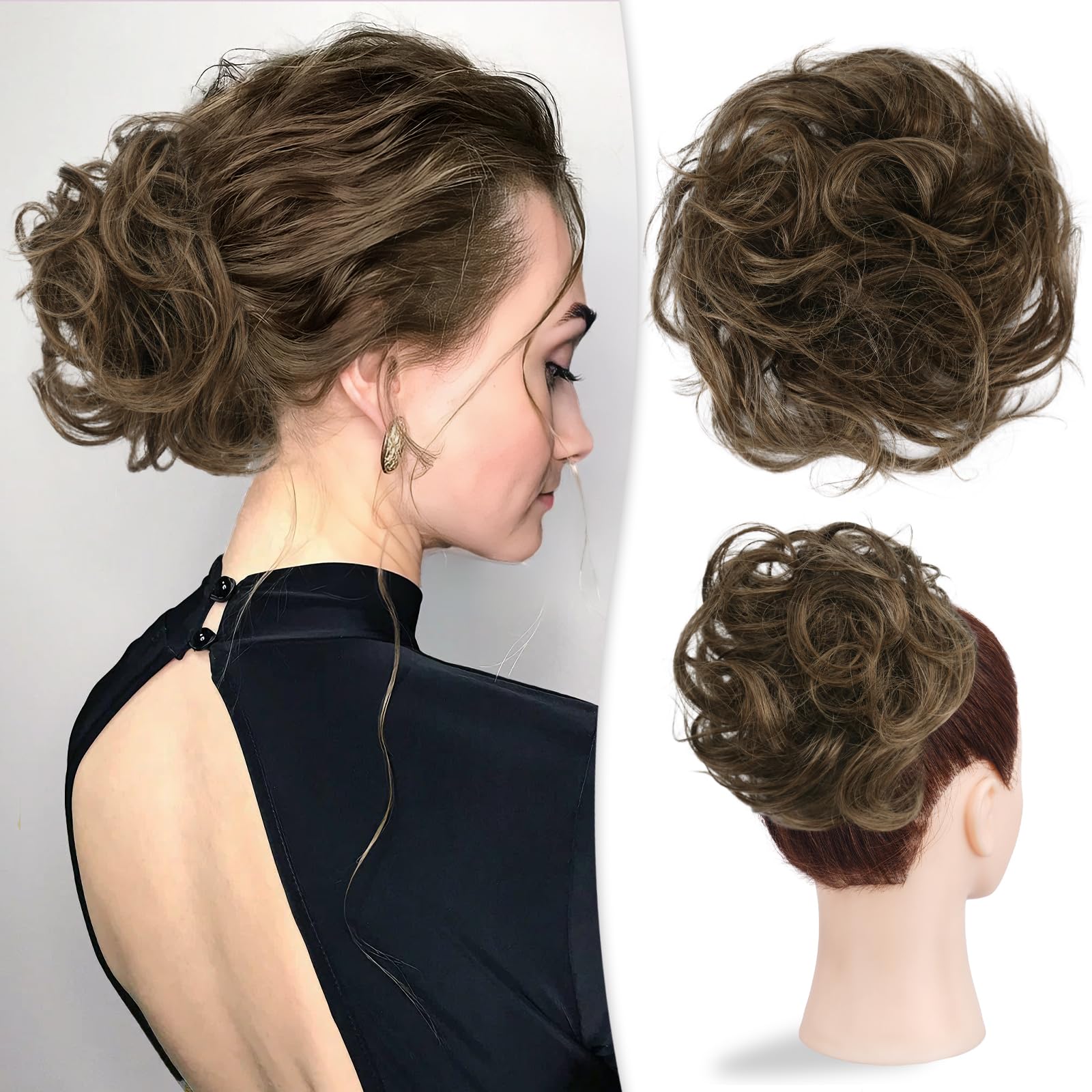 Photo 1 of RUWISS Large Messy Bun Hair Piece 100% Human Hair Layered Wavy Curly Hair Buns Hair Piece for Women Thick Updo Hairpiece for Daily Wear Real Hair Scrunchies Ponytail Extension (Brown Mixed)