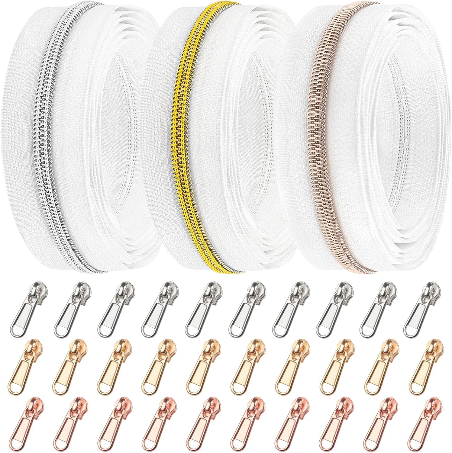 DOITEM 15 m Endless Zipper by The Meter White Zipper 6 mm Spiral + 30 Nonlock Zippers (Gold Silver Rose Gold) — image 1