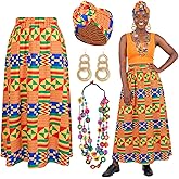 TFLNBYB 4 Pcs African Dresses for Women African Attire Print Skirt Traditional Costume Boho Head Wraps Necklace Earrings