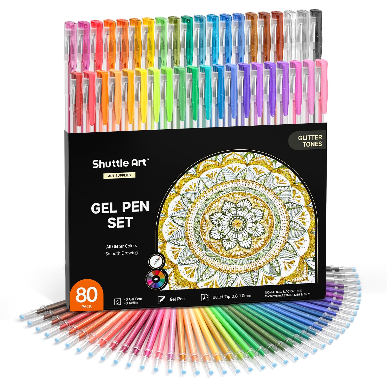 80 Stück Glitzer Gelstifte, Shuttle Art Gel Stifte Set, 40 bunte Glitzer Gelschreiber mit 40 Ersatzminen, glitzerstifte für Erwachsene und Kinder zum Markieren, Zeichnen, Schreiben geeignet