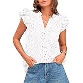 BTFBM Spring Summer Tops for Women 2026 Dressy Casual V Neck Ruffle Cap Sleeve Embroidered Eyelet Blouses Resort Wear